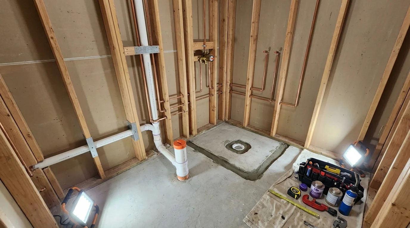 Bathroom rough-in plumbing during remodel by Johns Plumbing LLC in Ranger