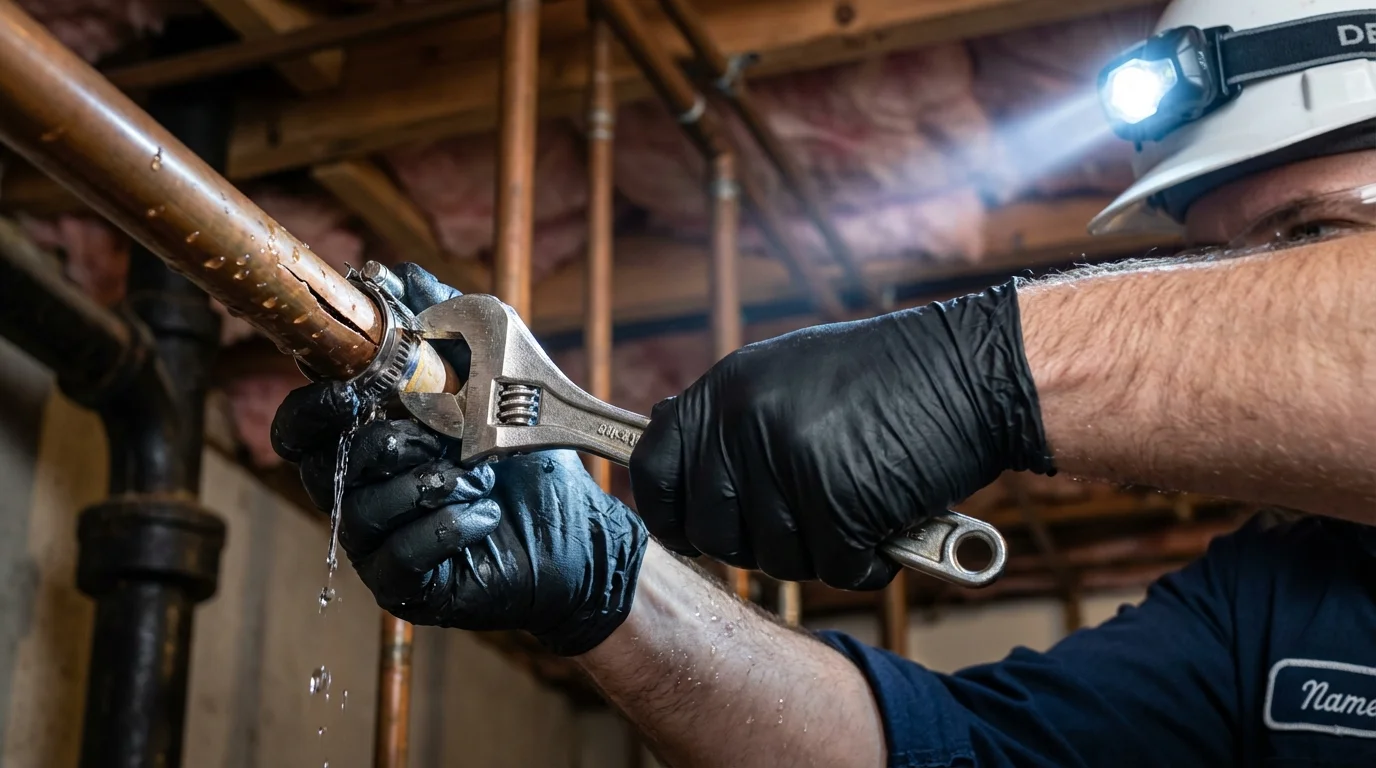 Emergency pipe clamp repair being performed by a Johns Plumbing LLC plumber in Ranger