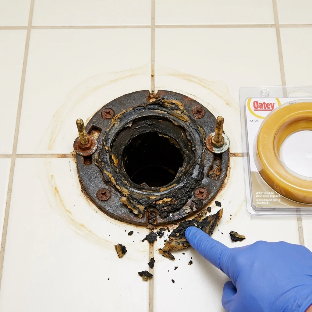 Failed wax ring showing water seepage at the base of a toilet in a Ranger, TX home