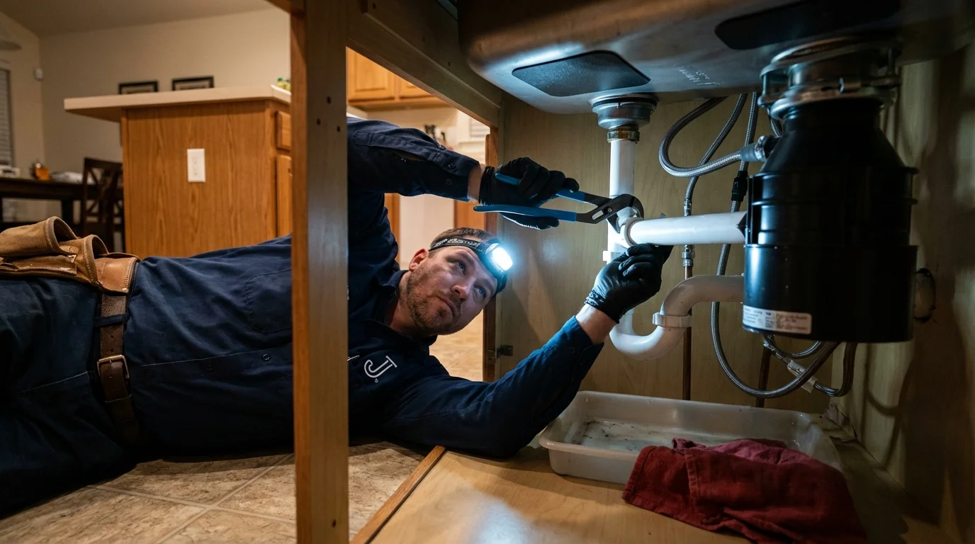 P-trap and supply line connections under a kitchen sink showing a common leak point in Ranger, TX